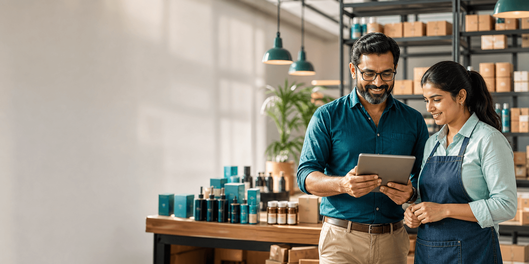 Indian small business owners planning growth with a tablet