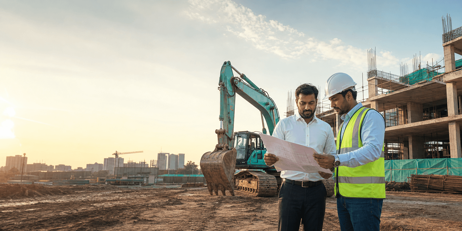 Indian construction professionals beside an excavator