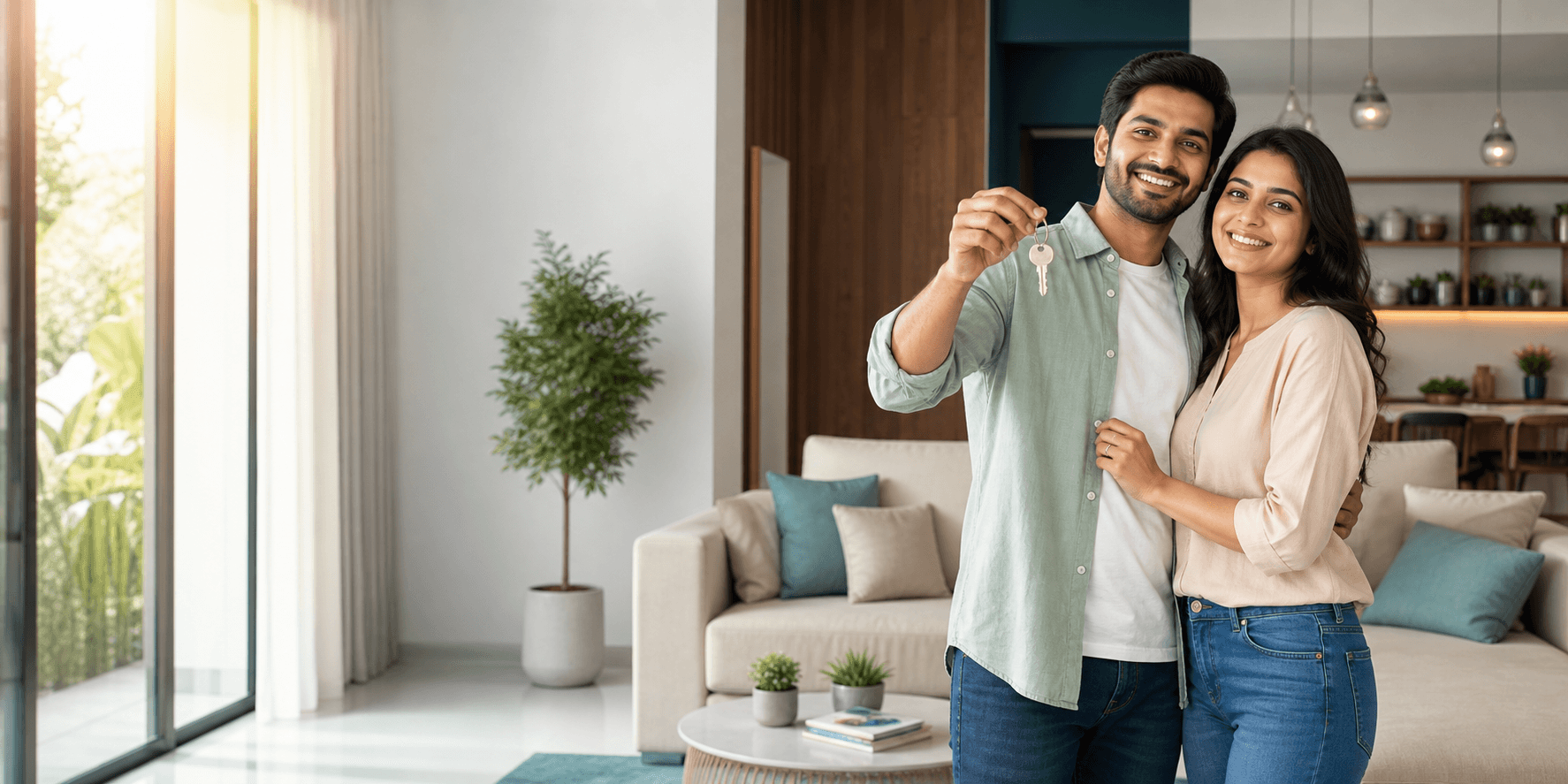 Indian couple receiving the keys to their new home
