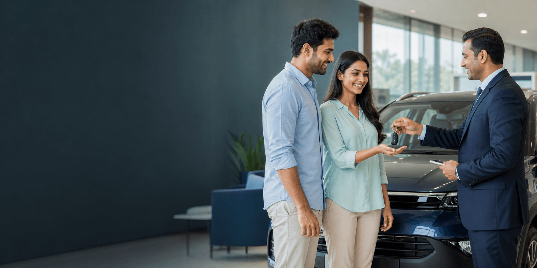 Indian couple receiving a new car key at a dealership